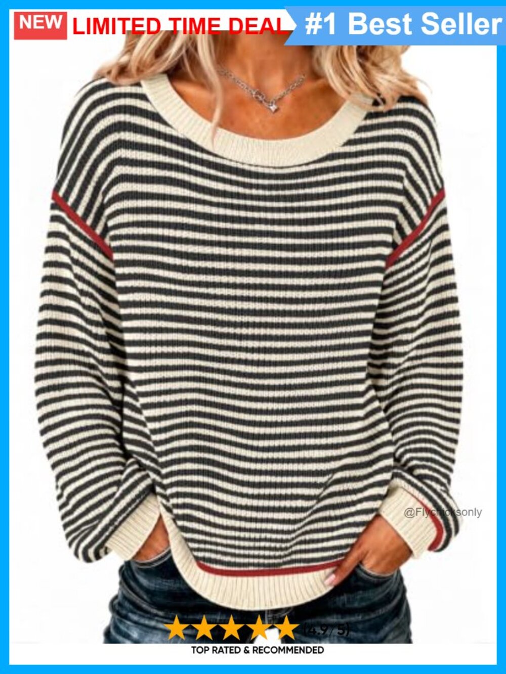 Oversized Striped Sweater Womens Soft Knit Pullover Off Shoulder Crew Neck Long